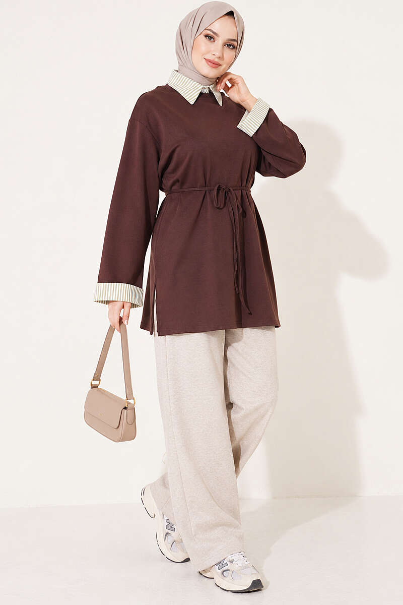 Striped Shirt-Layered Basic Tunic - Brown
