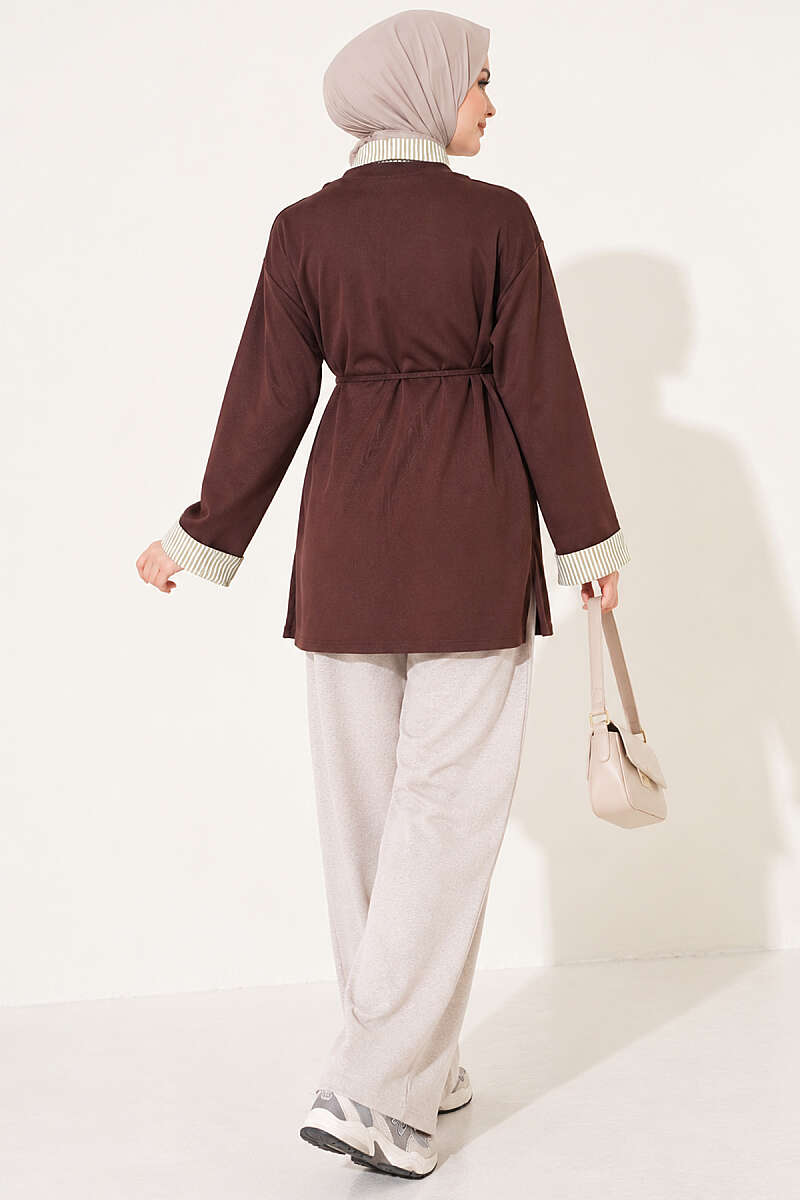 Striped Shirt-Layered Basic Tunic - Brown