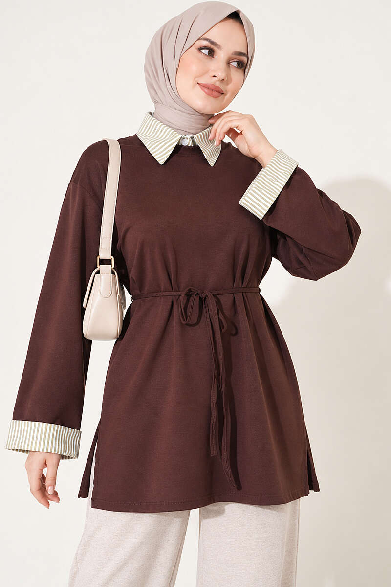Striped Shirt-Layered Basic Tunic - Brown