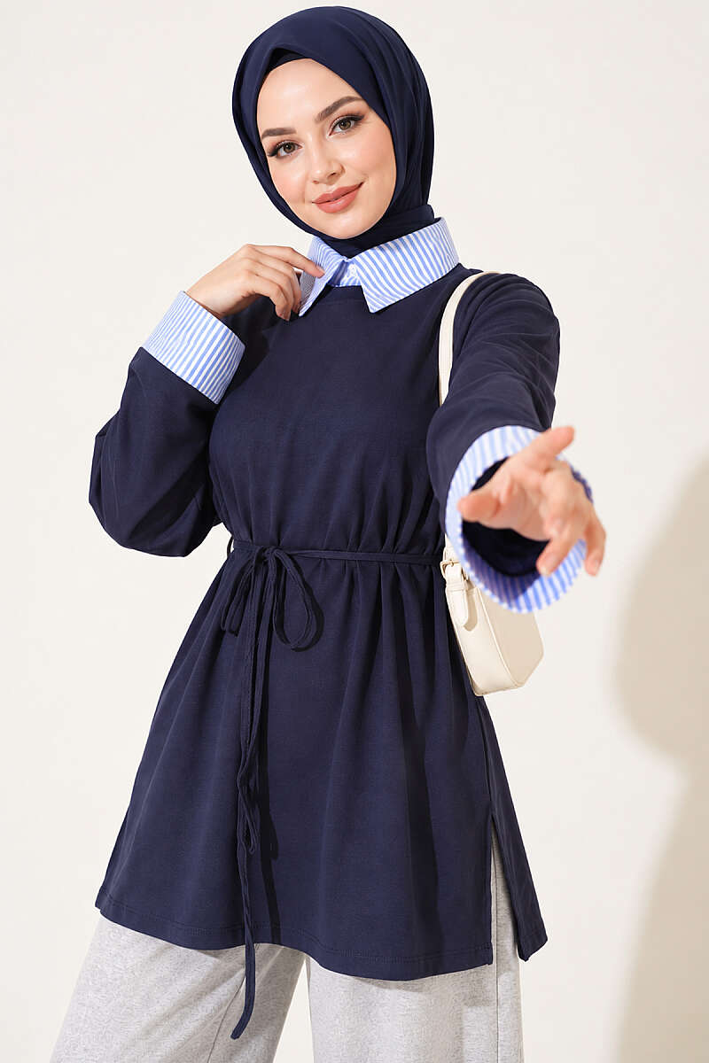 Striped Shirt-Layered Basic Tunic - Navy