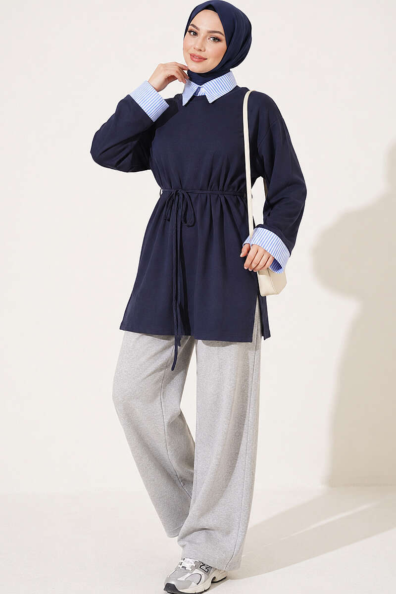Striped Shirt-Layered Basic Tunic - Navy
