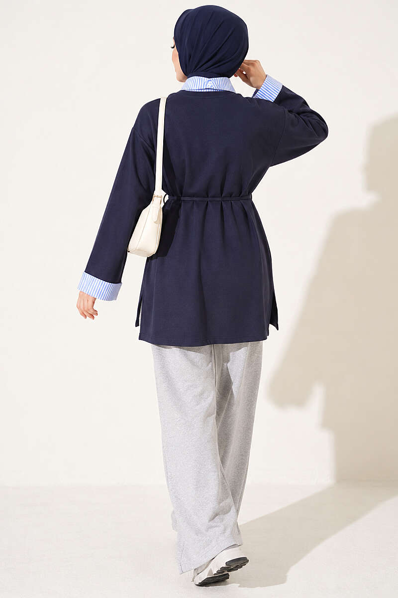Striped Shirt-Layered Basic Tunic - Navy