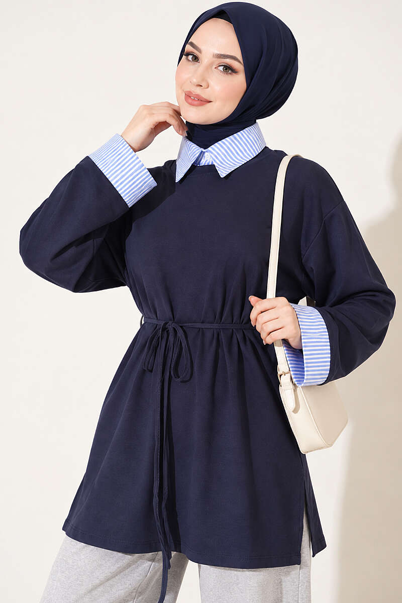Striped Shirt-Layered Basic Tunic - Navy