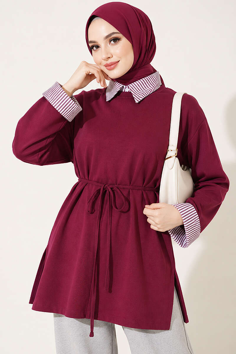 Striped Shirt-Layered Basic Tunic - Plum