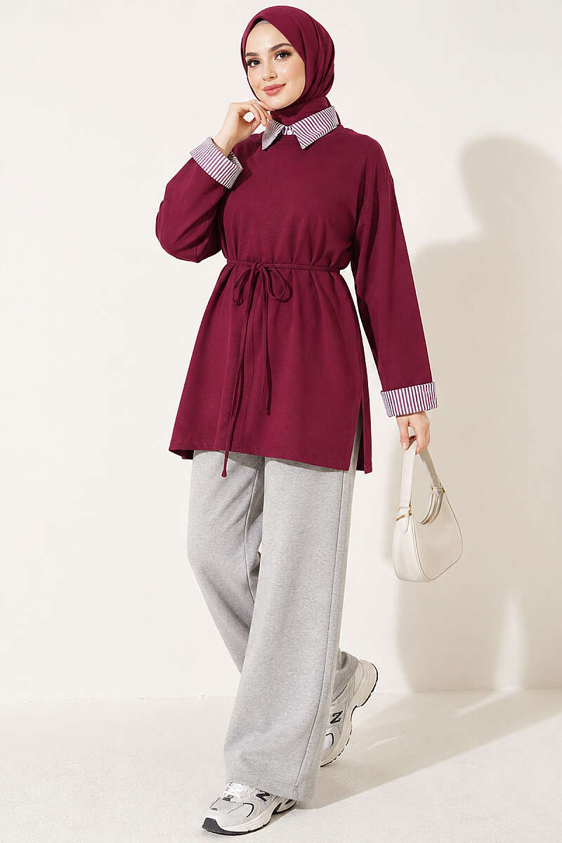 Striped Shirt-Layered Basic Tunic - Plum