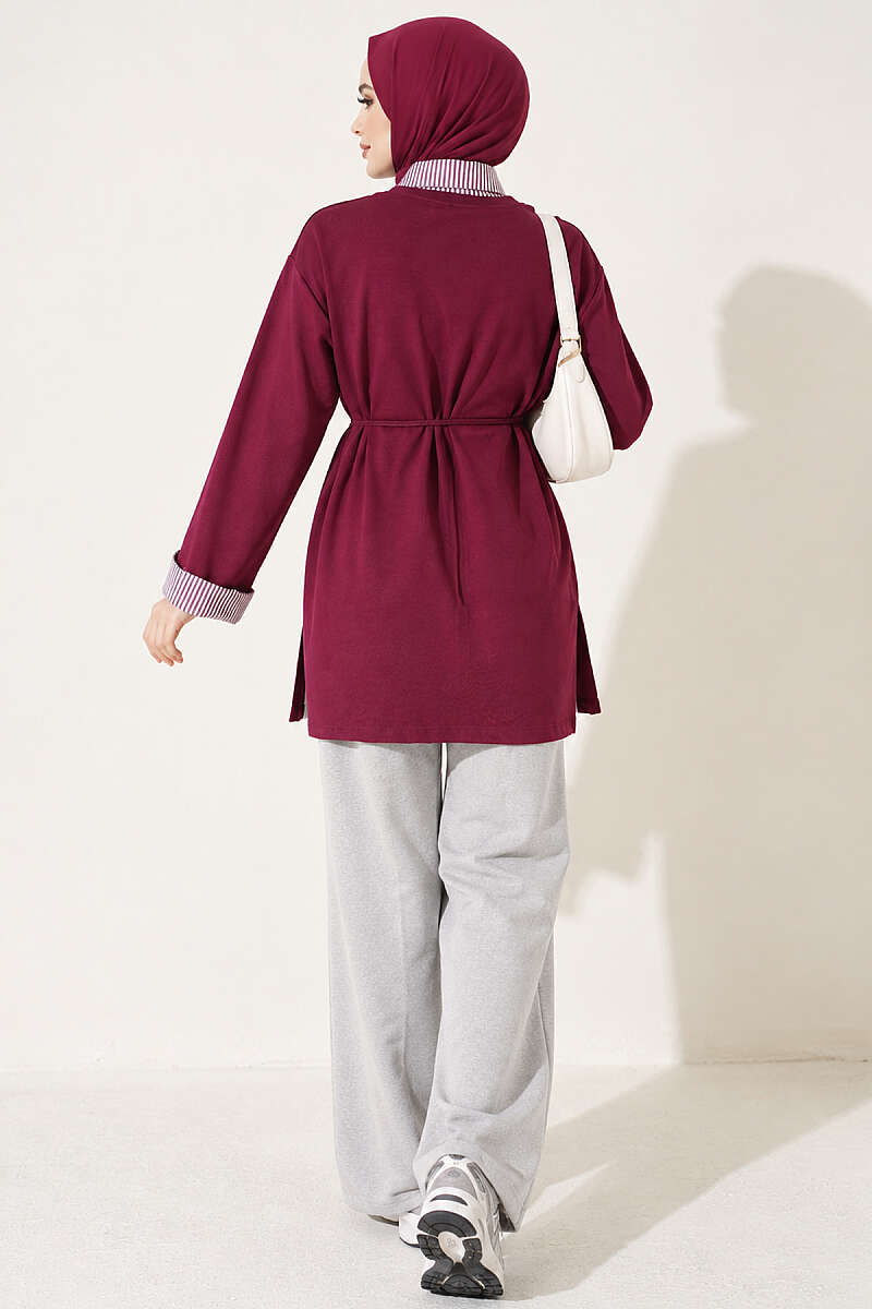 Striped Shirt-Layered Basic Tunic - Plum