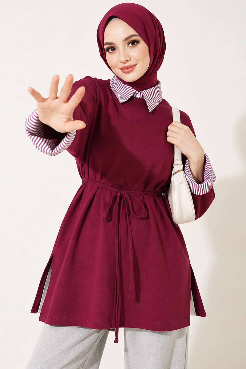 Striped Shirt-Layered Basic Tunic - Plum
