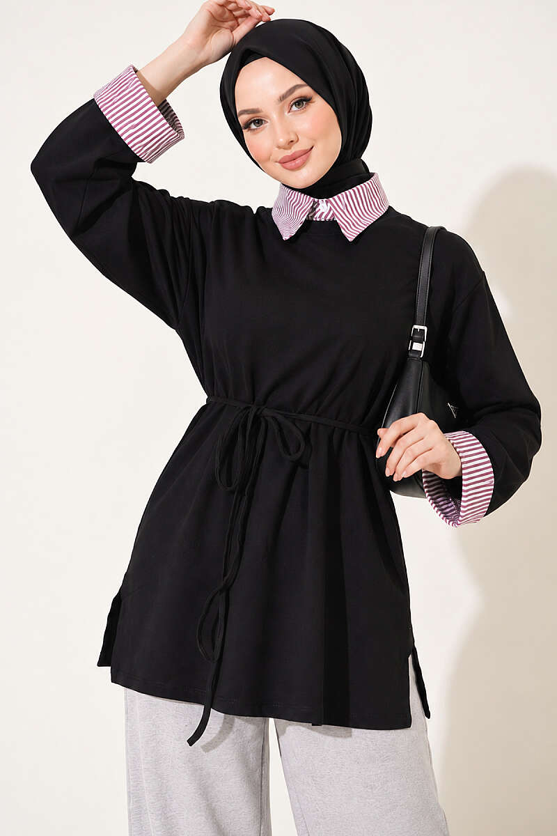 Striped Shirt-Layered Basic Tunic - Black