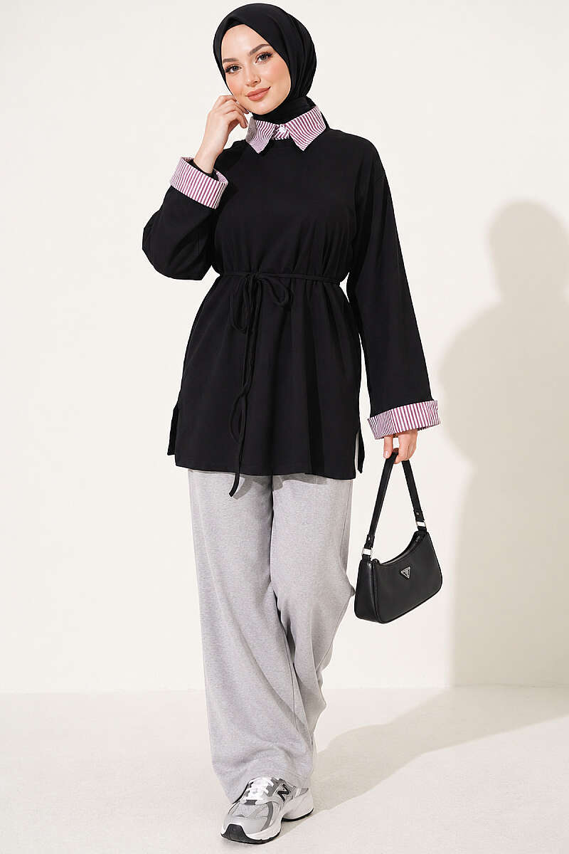 Striped Shirt-Layered Basic Tunic - Black