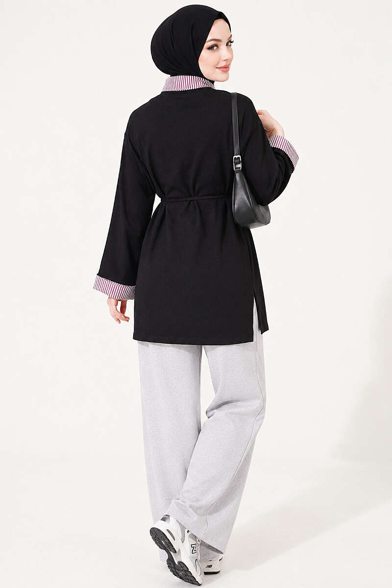 Striped Shirt-Layered Basic Tunic - Black