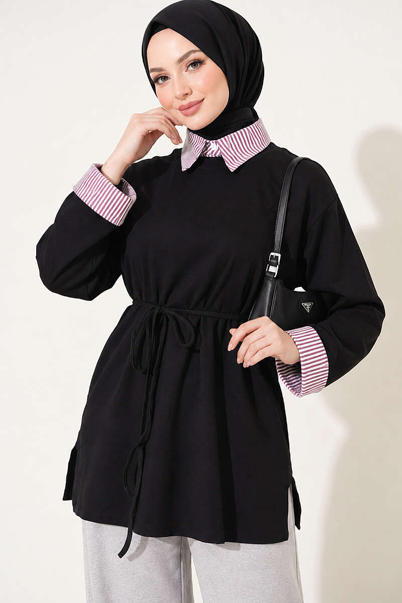 Striped Shirt-Layered Basic Tunic - Black