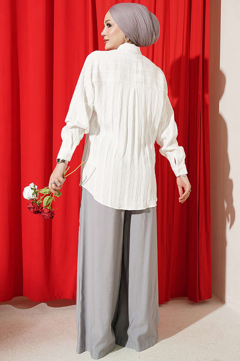 Basic Textured Stripe Shirt - Ecru