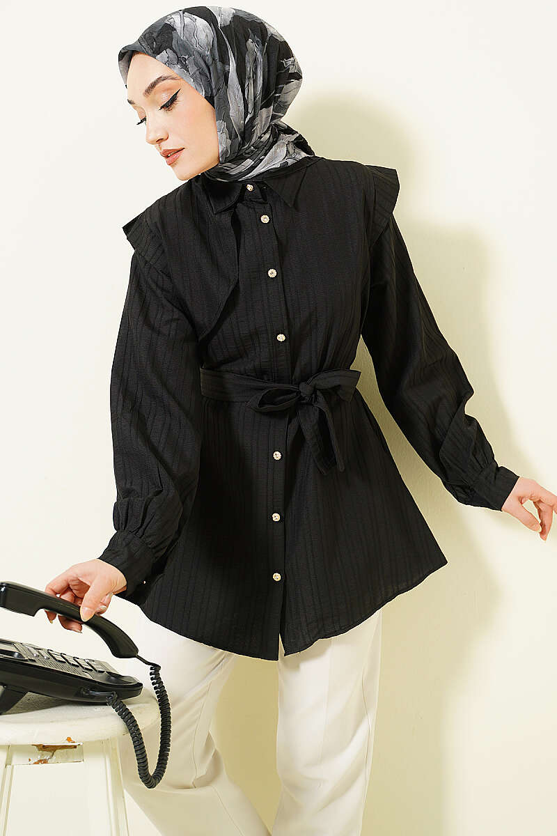 Textured-Stripe Shirt with Stone Buttons and Stretch - Black
