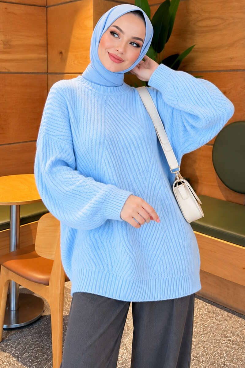 Textured Stripe Knit Tunic - Light Blue