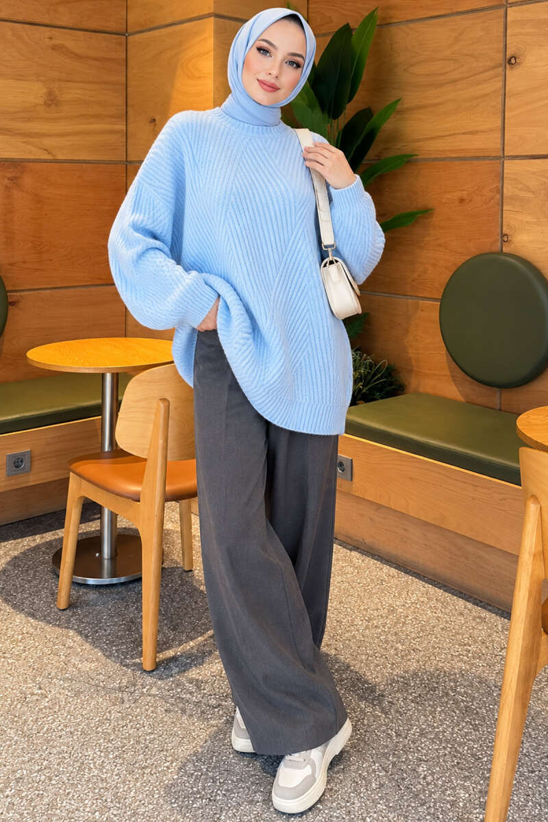 Textured Stripe Knit Tunic - Light Blue