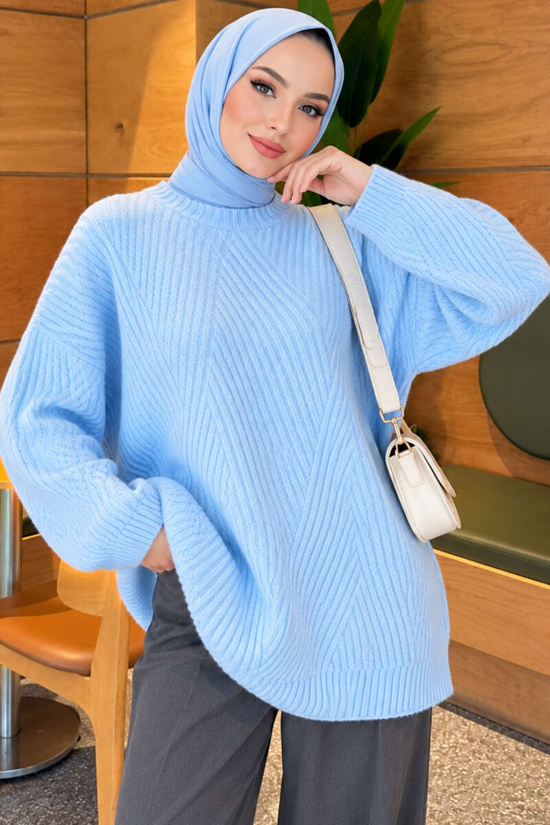 Textured Stripe Knit Tunic - Light Blue