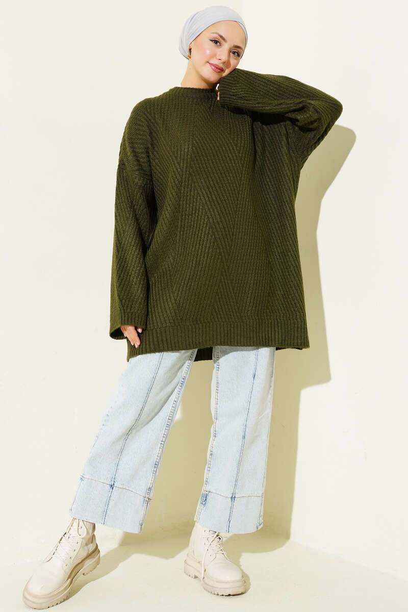 Textured Stripe Knit Tunic - Khaki