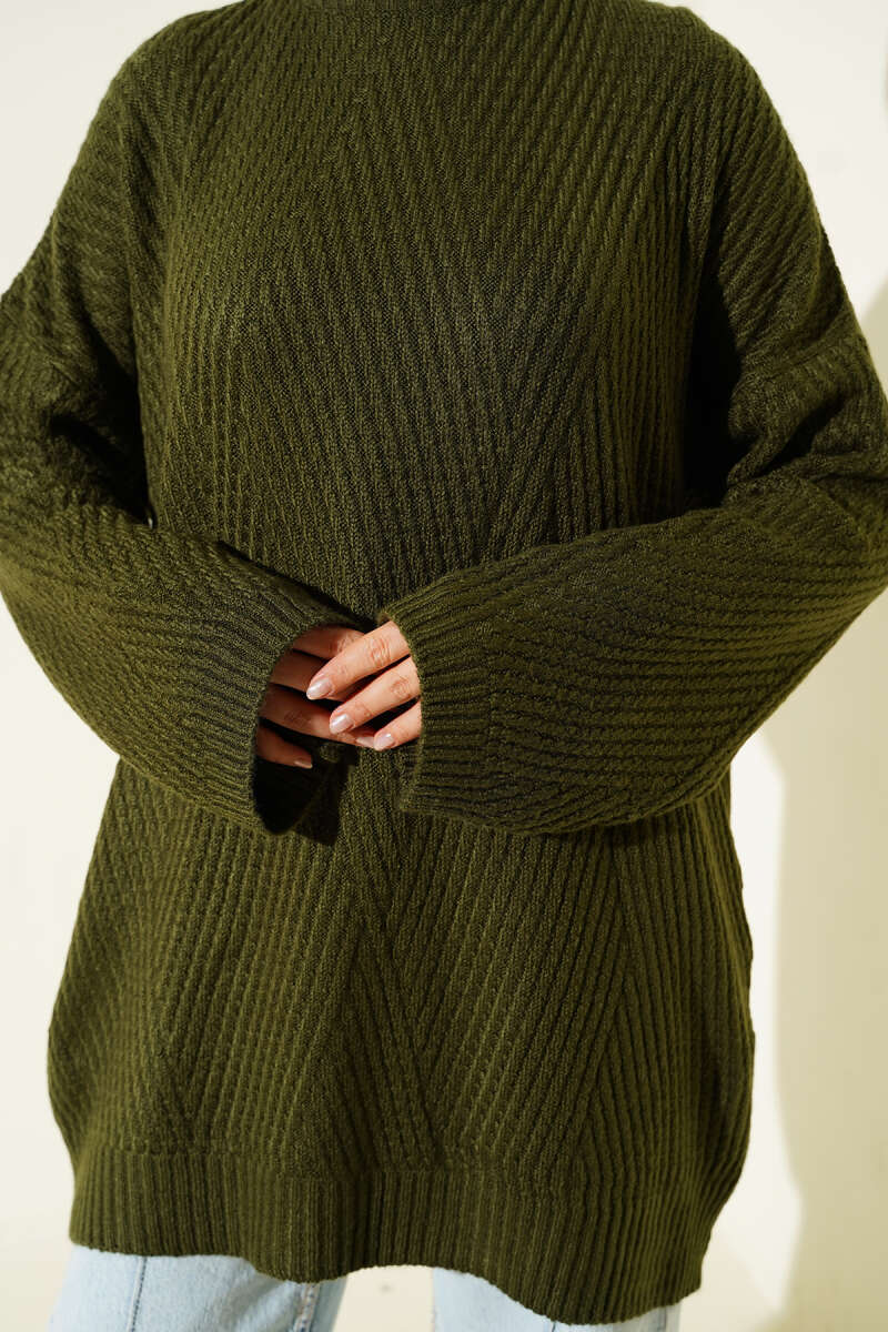Textured Stripe Knit Tunic - Khaki