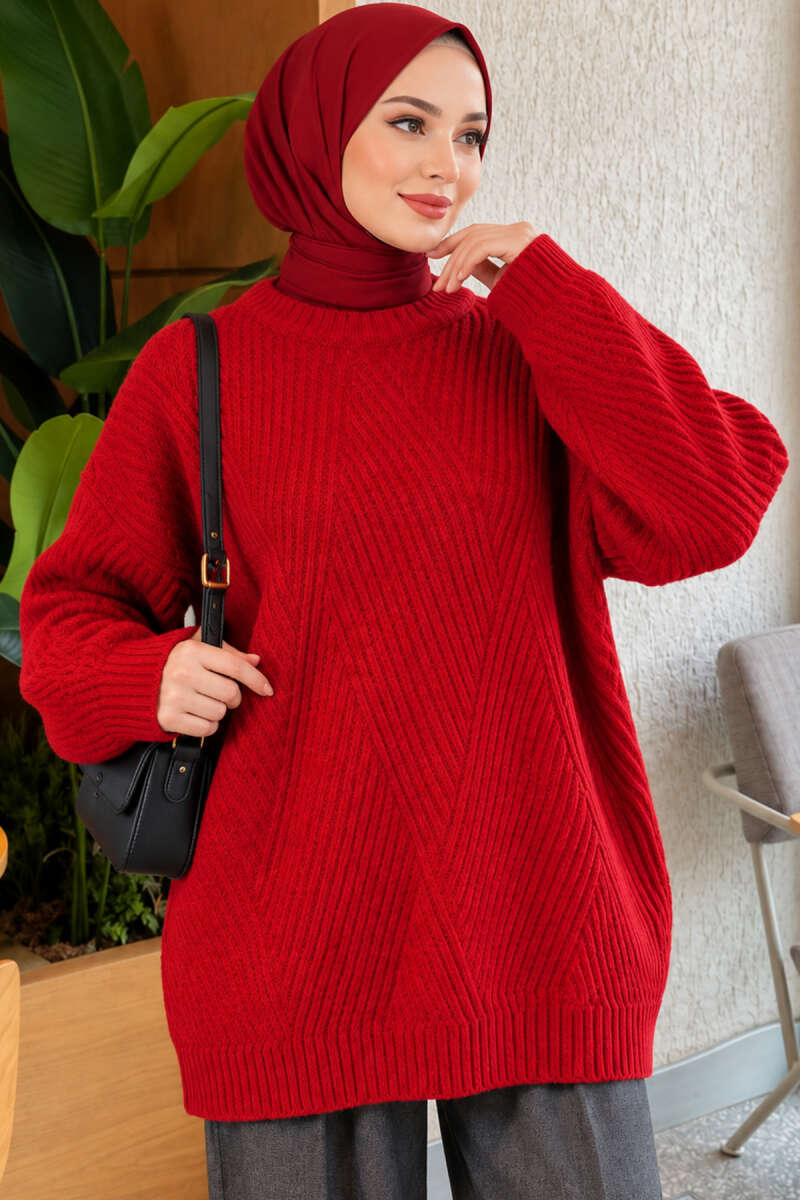 Textured Stripe Knit Tunic - Red