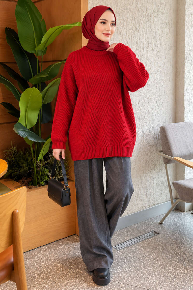 Textured Stripe Knit Tunic - Red