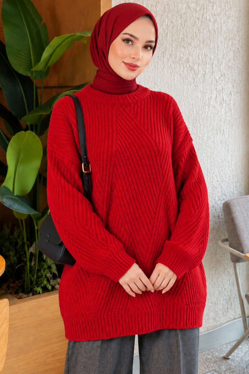 Textured Stripe Knit Tunic - Red