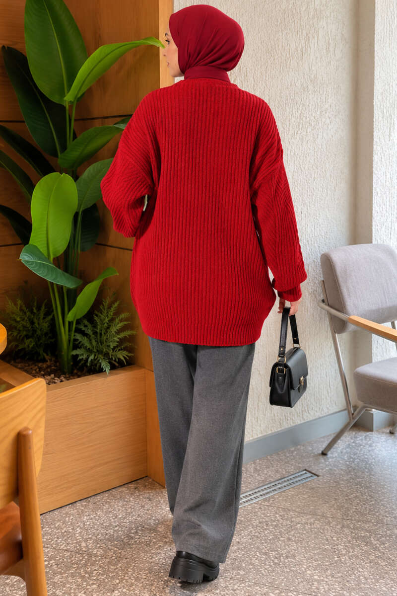 Textured Stripe Knit Tunic - Red