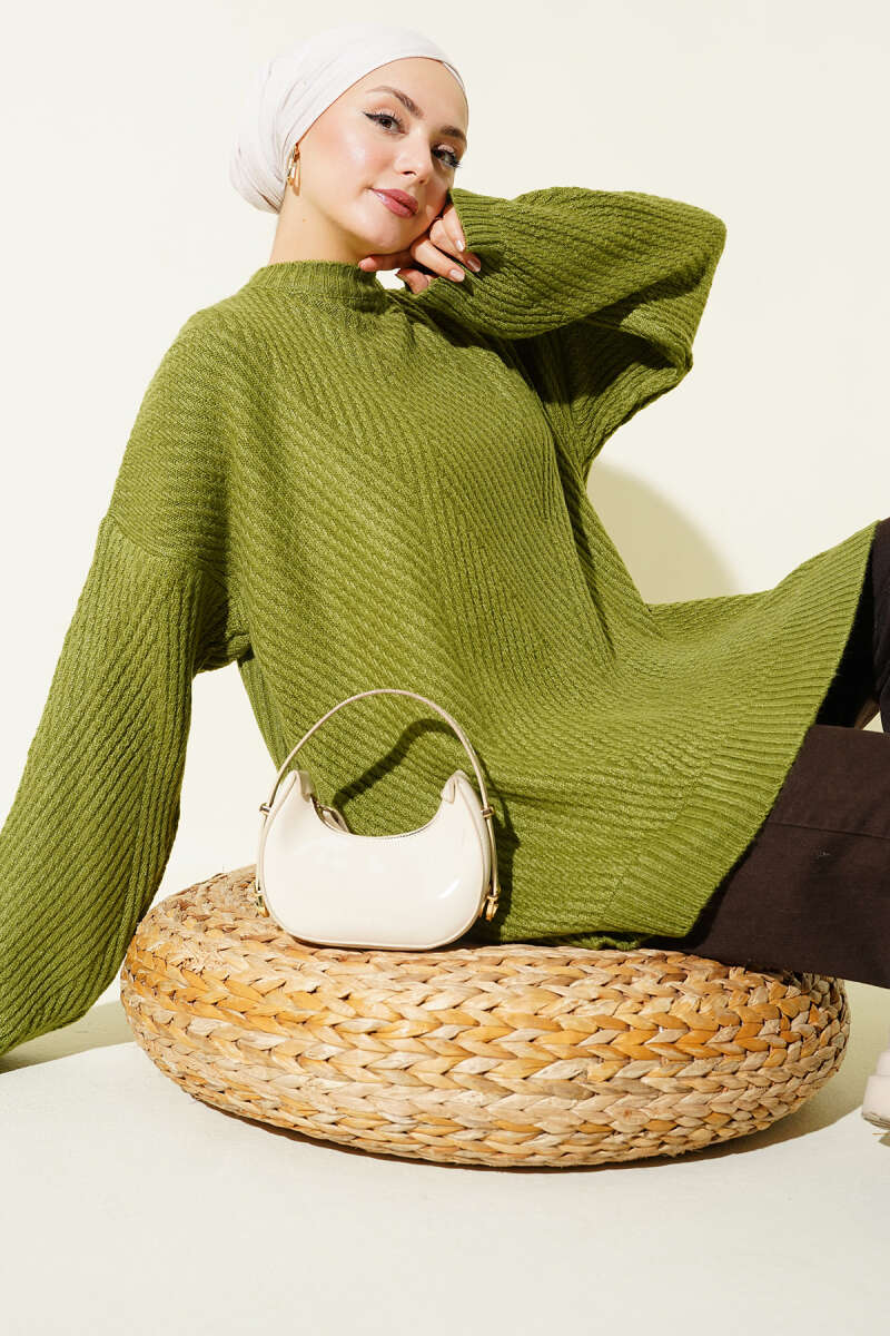 Textured Stripe Knit Tunic - Green