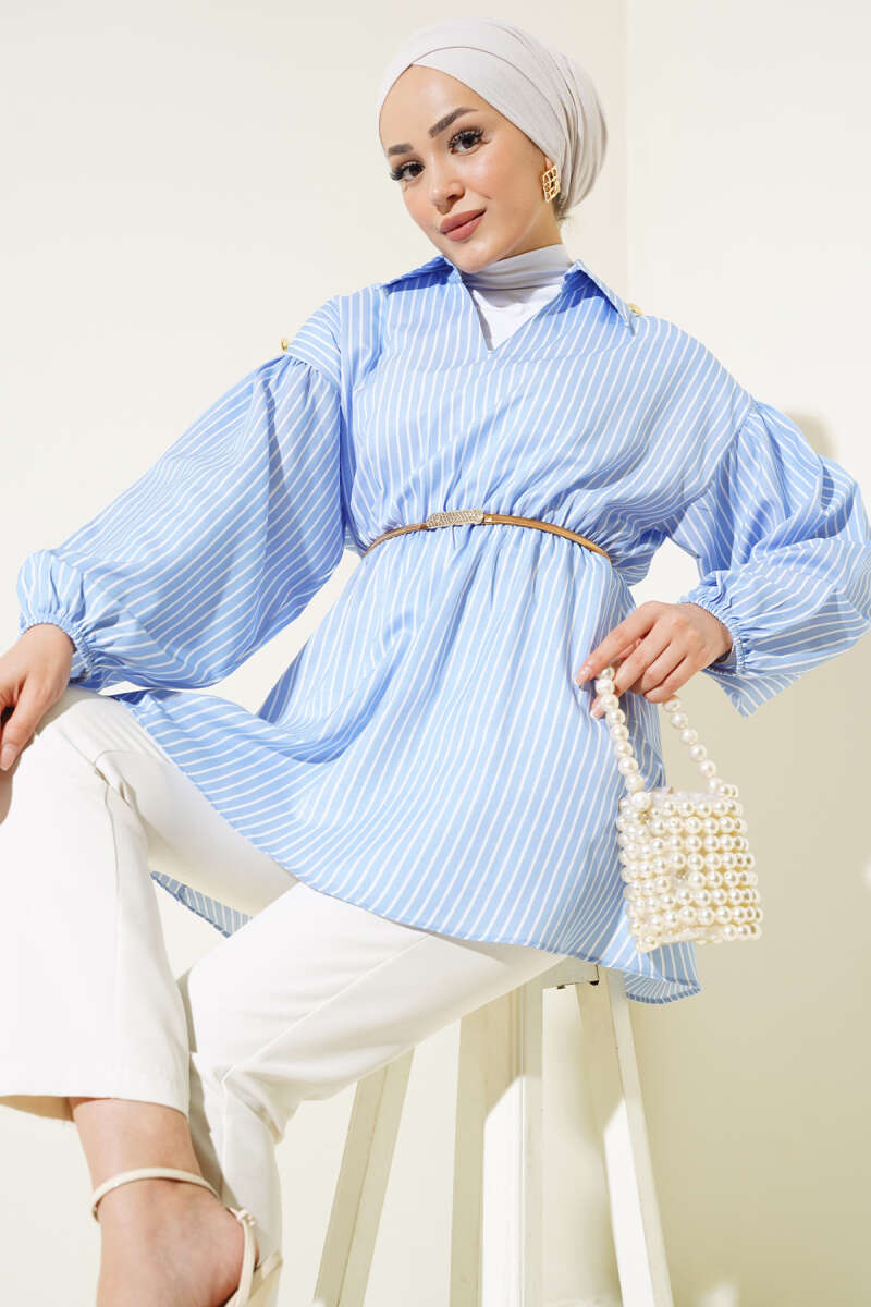 Striped Balloon-Sleeve Tunic with Elastic Waist - Blue