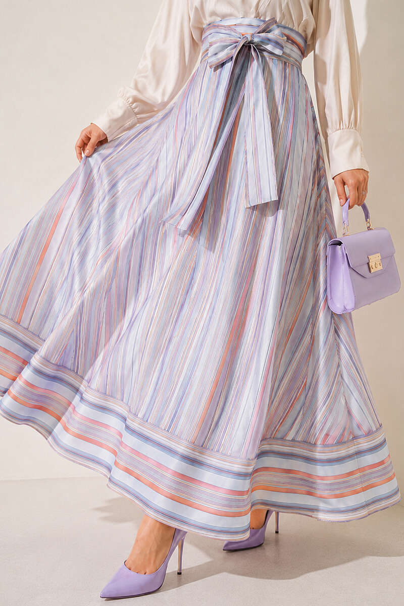 Striped Skirt with Waist Sash - Blue