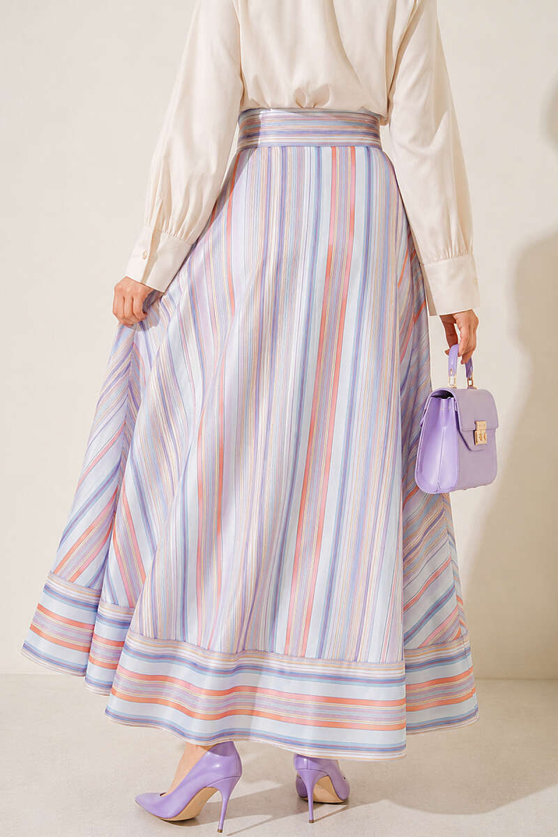 Striped Skirt with Waist Sash - Blue