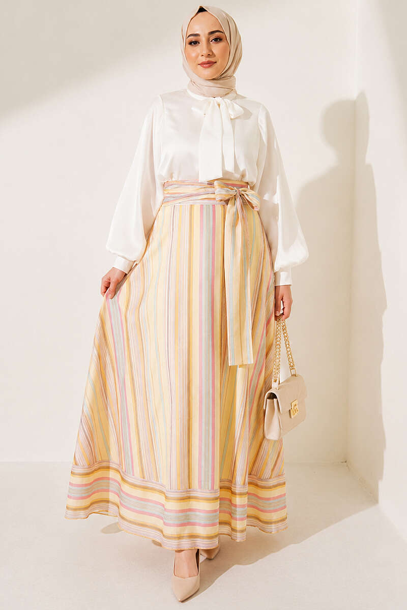 Striped Skirt with Waist Sash - Yellow