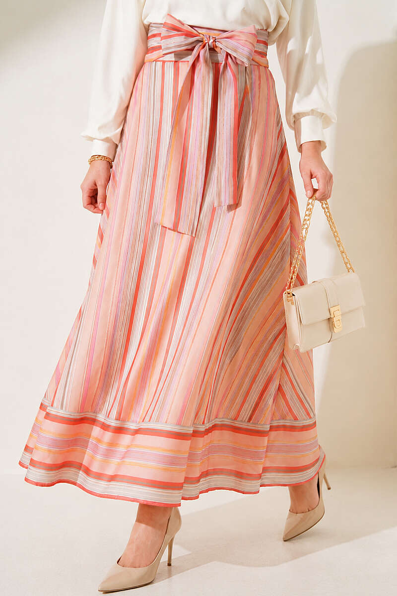 Striped Skirt with Waist Sash - Peach