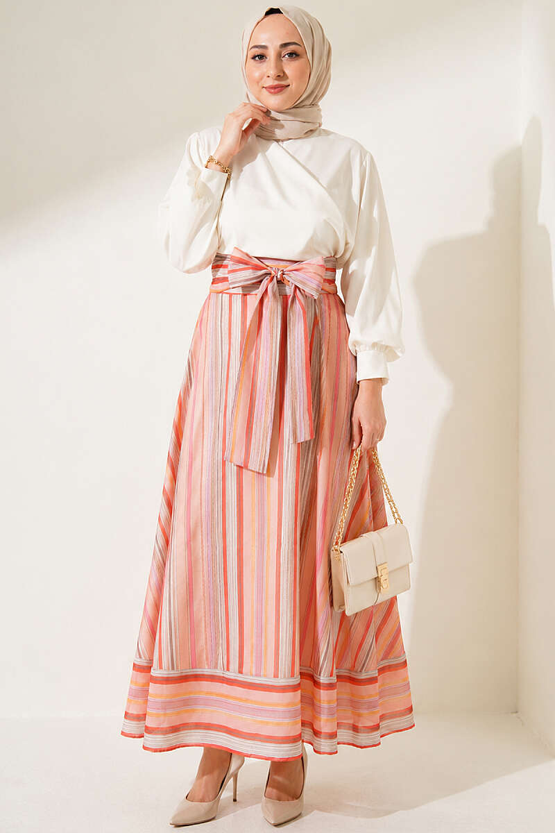 Striped Skirt with Waist Sash - Peach