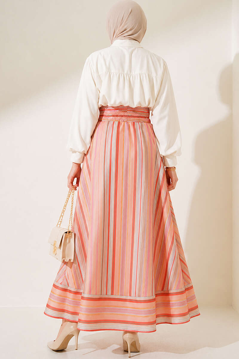 Striped Skirt with Waist Sash - Peach