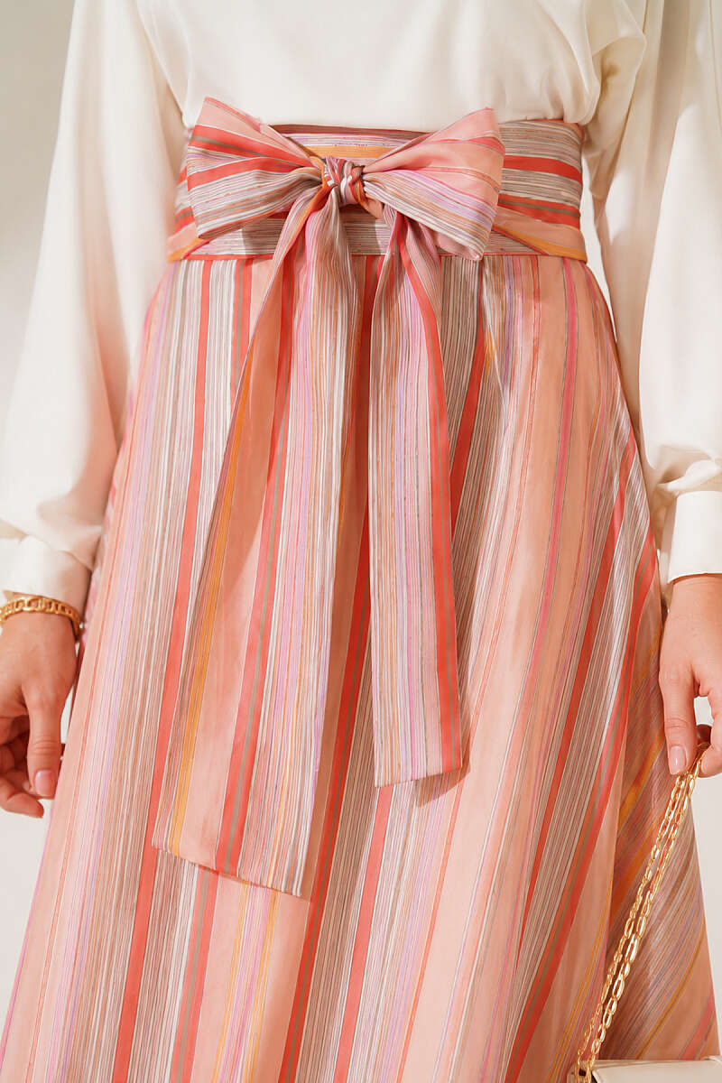 Striped Skirt with Waist Sash - Peach