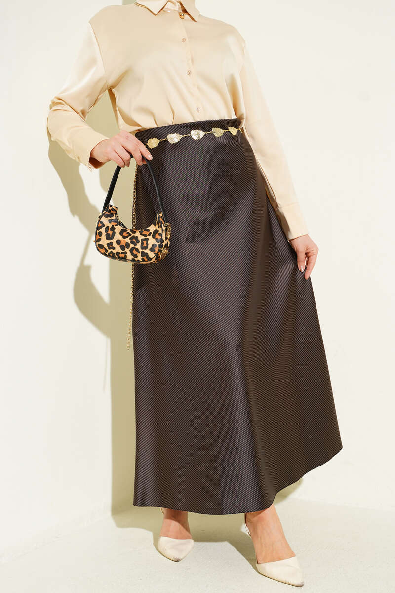 Striped Satin Skirt with Elastic Waist - Brown