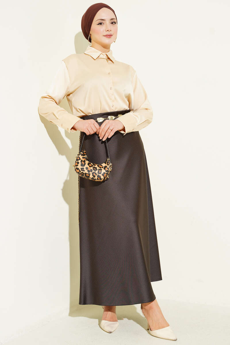 Striped Satin Skirt with Elastic Waist - Brown