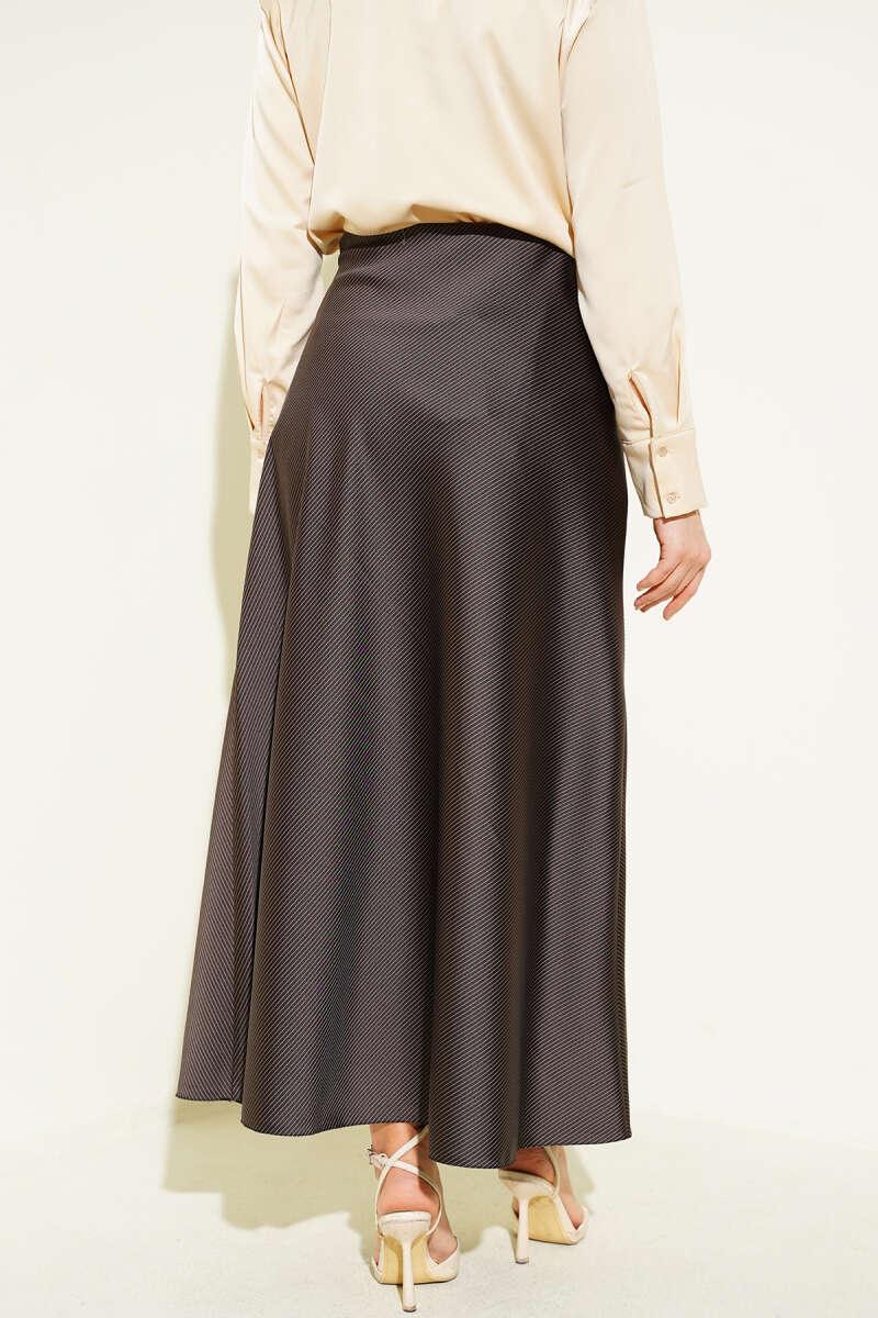 Striped Satin Skirt with Elastic Waist - Brown