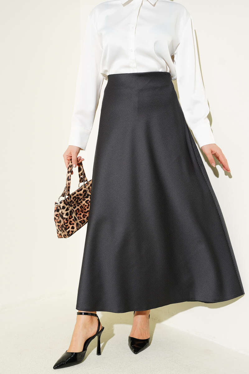 Striped Satin Skirt with Elastic Waist - Black