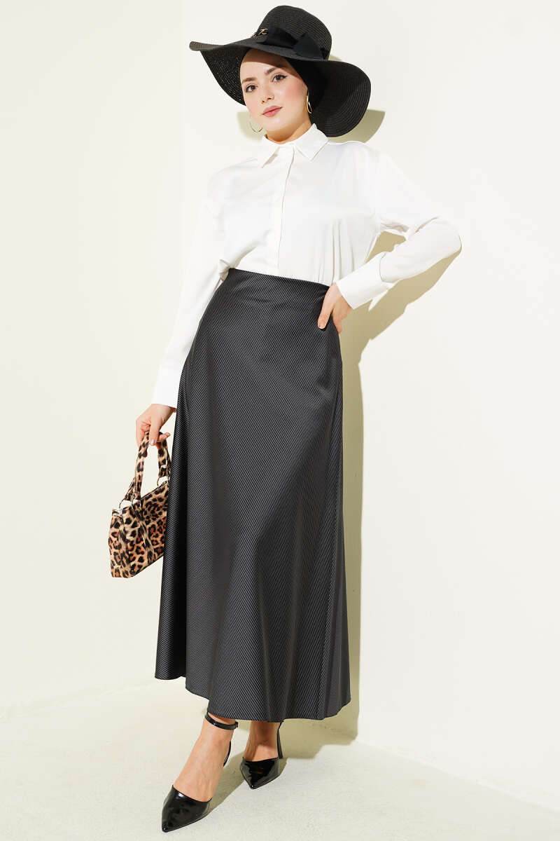 Striped Satin Skirt with Elastic Waist - Black