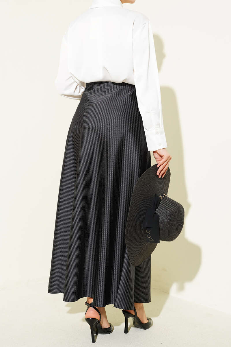Striped Satin Skirt with Elastic Waist - Black