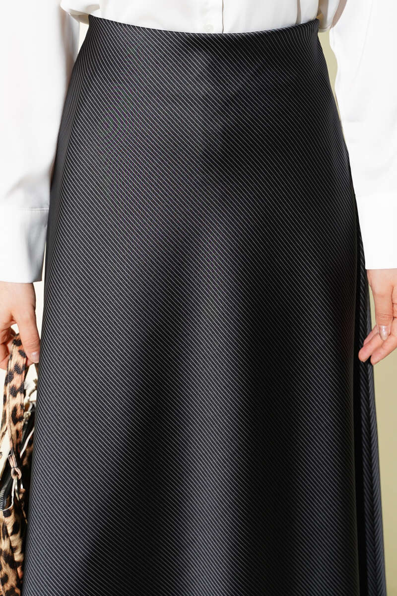 Striped Satin Skirt with Elastic Waist - Black