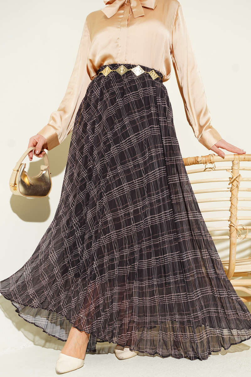 Striped Chiffon Skirt with Elastic Waist - Charcoal