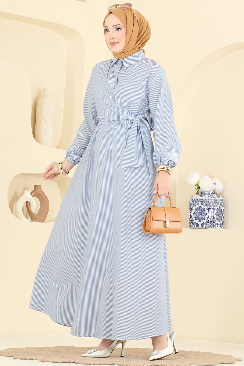 Striped Viscose Dress with Waist Tie - Blue