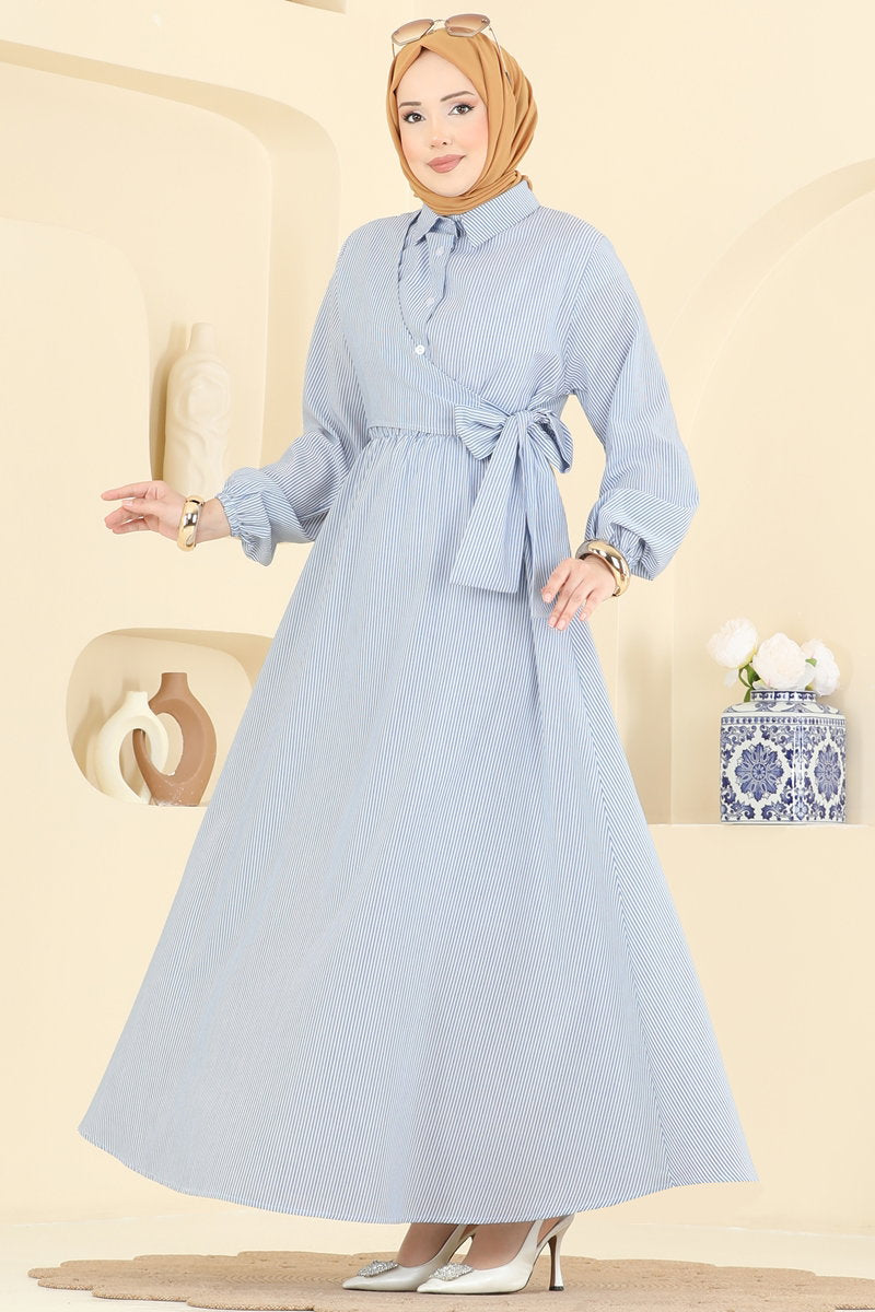 Striped Viscose Dress with Waist Tie - Blue