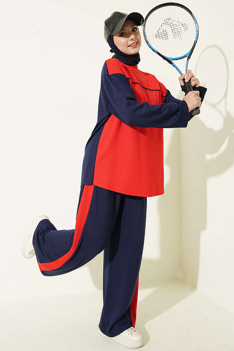 Striped Crew-Neck Two-Piece Set with Trim - Navy