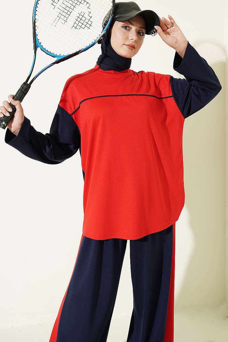 Striped Crew-Neck Two-Piece Set with Trim - Navy