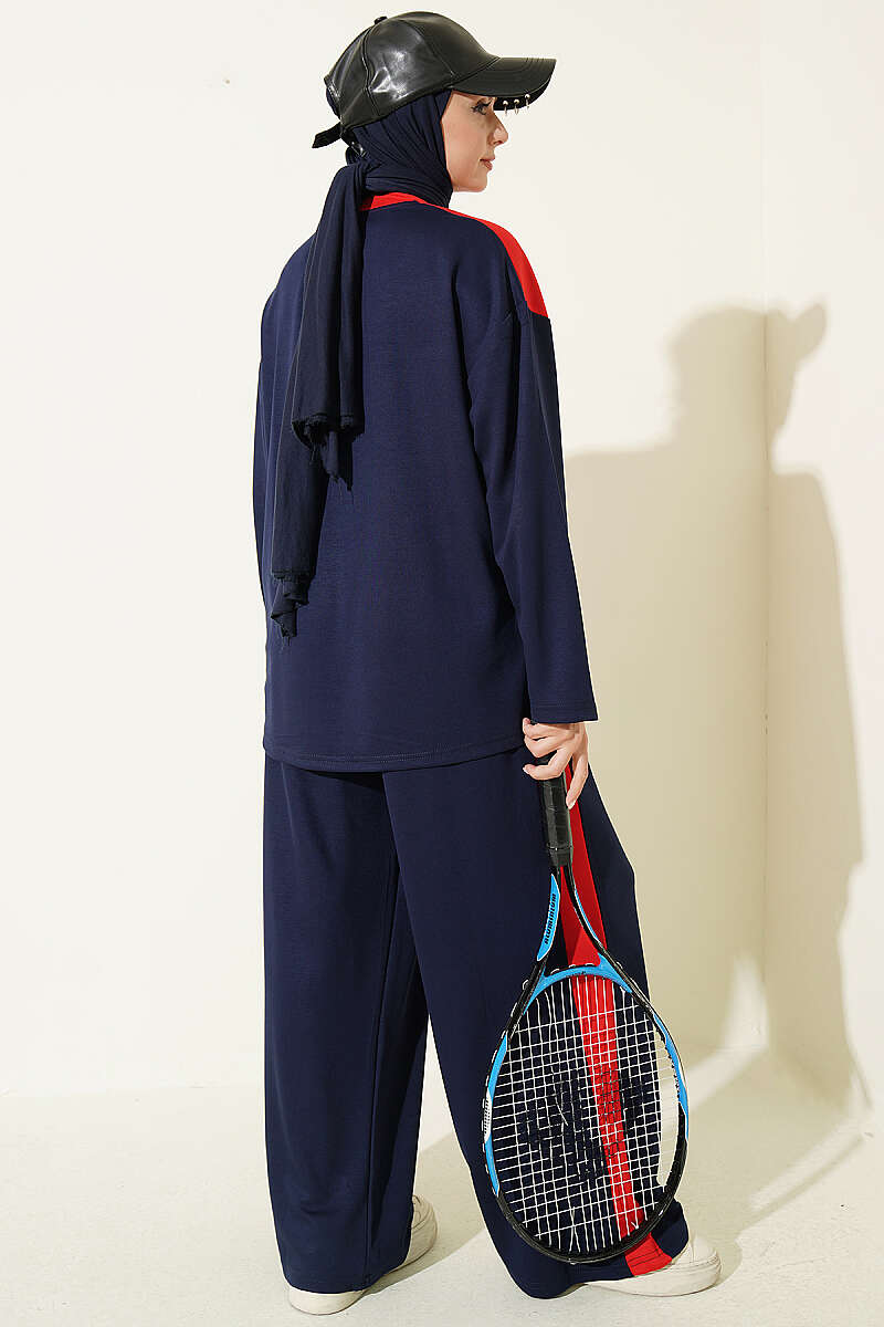Striped Crew-Neck Two-Piece Set with Trim - Navy