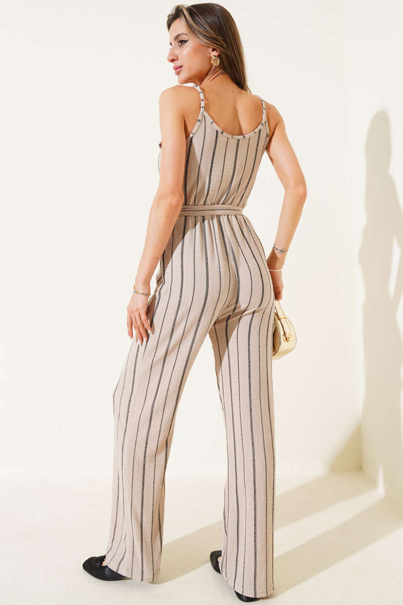 Striped Crinkle Spaghetti-Strap Jumpsuit - Beige