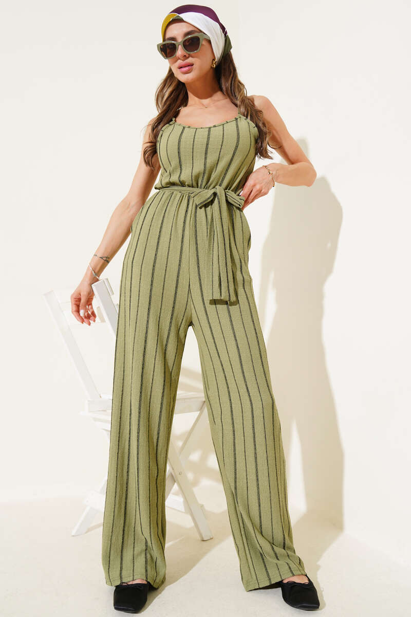 Striped Crinkle Spaghetti-Strap Jumpsuit - Almond Green